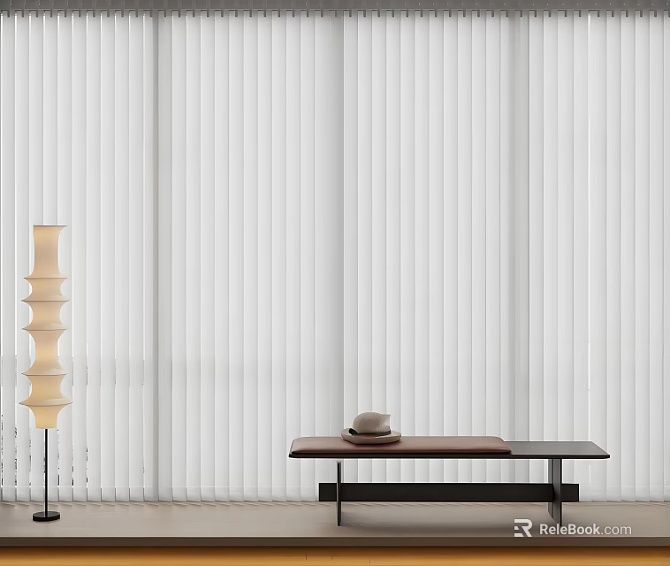 White Vertical Blinds in Modern Interior With Floor Lamp Wooden Bench and Hat 3d model 