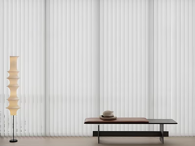 White Vertical Blinds in Modern Interior With Floor Lamp Wooden Bench and Hat 3d model