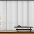 White Vertical Blinds in Modern Interior With Floor Lamp Wooden Bench and Hat