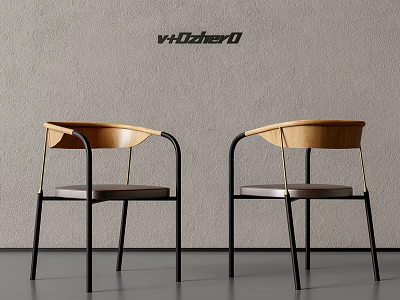Modern Wooden Chair With Black Metal Armrests And Gray Seat Cushion Design 3d model