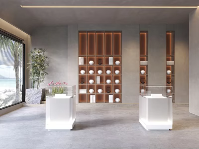 Open Modern Exhibition Hall Interior With Wooden Decorative Wall White Display Counters And Green Plant 3d model