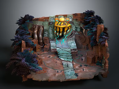 Fantasy Landscape Scene With Rocky Terrain Purple Trees Yellow Structure Blue Light And Mini Figures 3d model