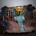 Fantasy Landscape Scene With Rocky Terrain Purple Trees Yellow Structure Blue Light And Mini Figures
