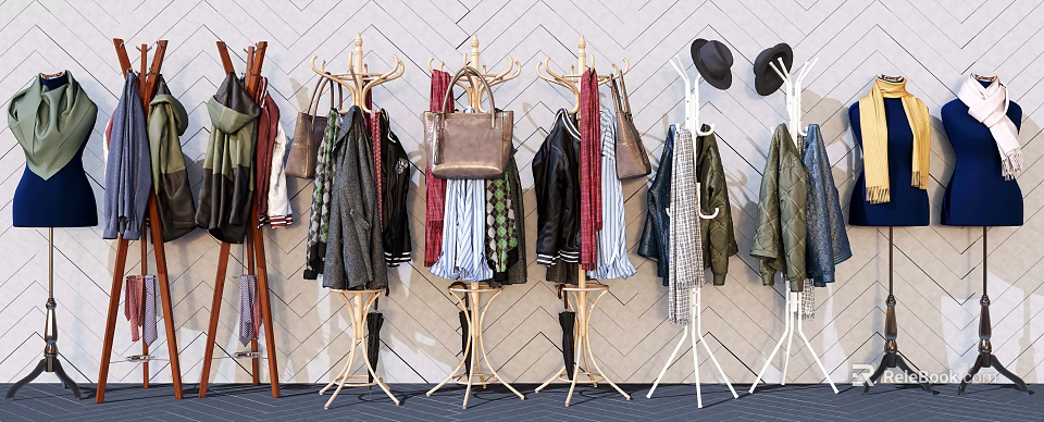 Stylish Clothes Hangers With Hanging Clothes Bags And Hats Against Geometric Patterned Wall 3d model 