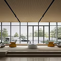Modern Relaxation Area Interior With Wooden Ceiling Large Windows Yellow Chairs And Tree Views