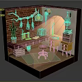Cartoon Scene of Miniature Room with Brick Wall Hanging Lamp Plants Desk Stool and Bookshelf
