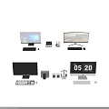 Modern Computer Monitors Desktop Setup With Keyboard Mouse Headphones Speakers And Digital Clock 3d model