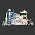Colorful Cartoon Scenic Building With Multi Layered Structure Green Plants And Decorative Clocks