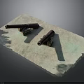 Two Vintage Cannons Placed On Green And Beige Textured Paper With Dark Background