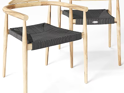 Wooden Armchair With Woven Black Seat Cushion And Minimalist Modern Design 3d model