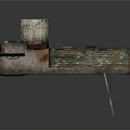 Detailed Small Old House Model Featuring Red Brick Roof Green Tiles Wheel Steps And Bucket