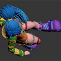 Colorful Anime Character With Blue Hair Green Striped Top Orange Vest And Purple Platform Shoes