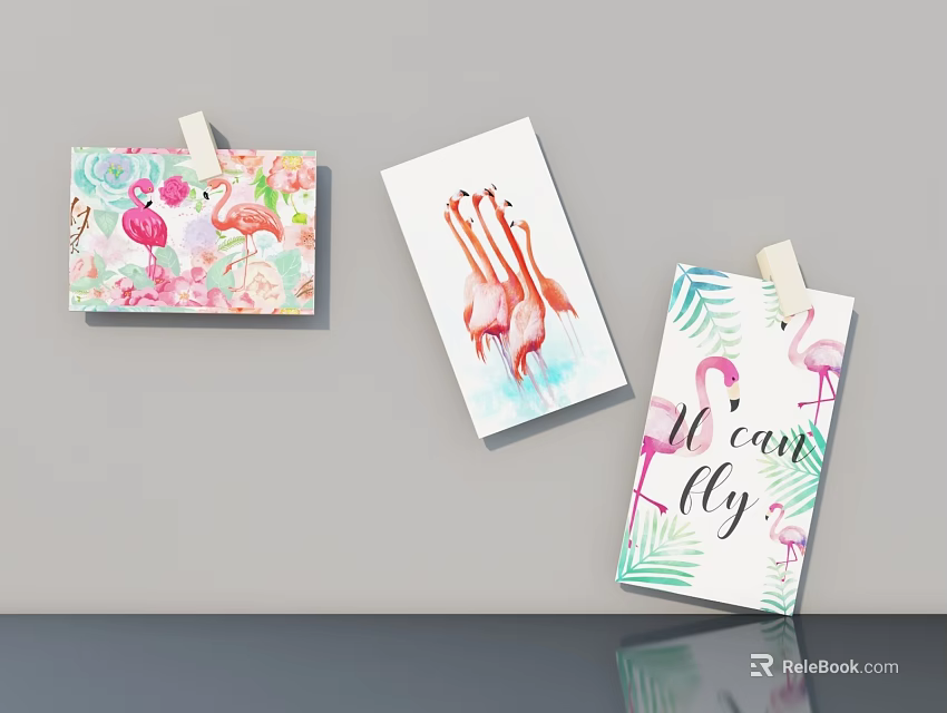 Flamingo Animal Paintings Watercolor Art with Floral Patterns and Text Design 3d model 