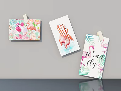 Flamingo Animal Paintings Watercolor Art with Floral Patterns and Text Design 3d model