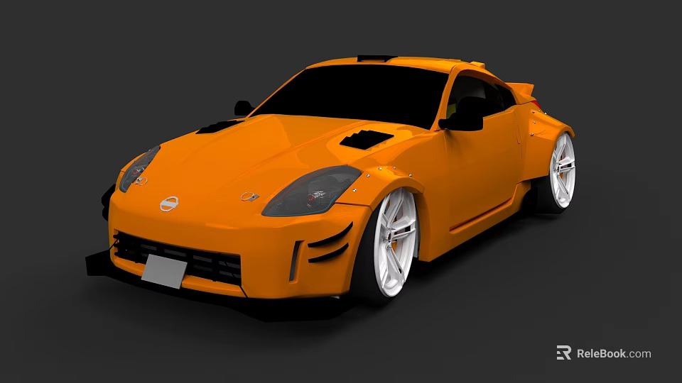 Modified Orange Nissan Sports Car With Wide Body And Alloy Wheels 3d model 