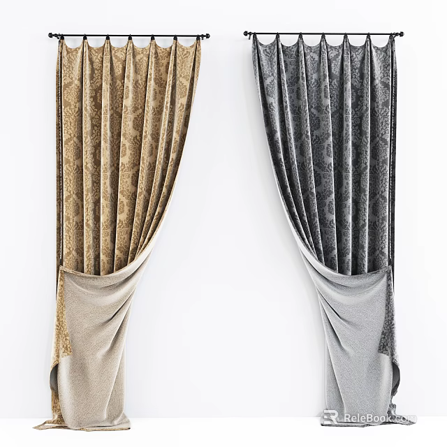 Elegant Gold And Gray Velvet Curtains With Pleated Design For Home Interior Decor 3d model 
