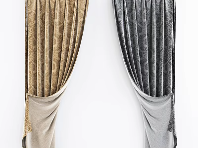 Elegant Gold And Gray Velvet Curtains With Pleated Design For Home Interior Decor 3d model