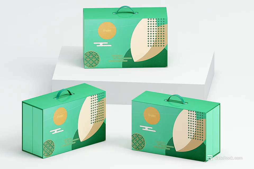Green Decorative Ornament Set With Handle Gift Boxes And Geometric Patterns 3d model 