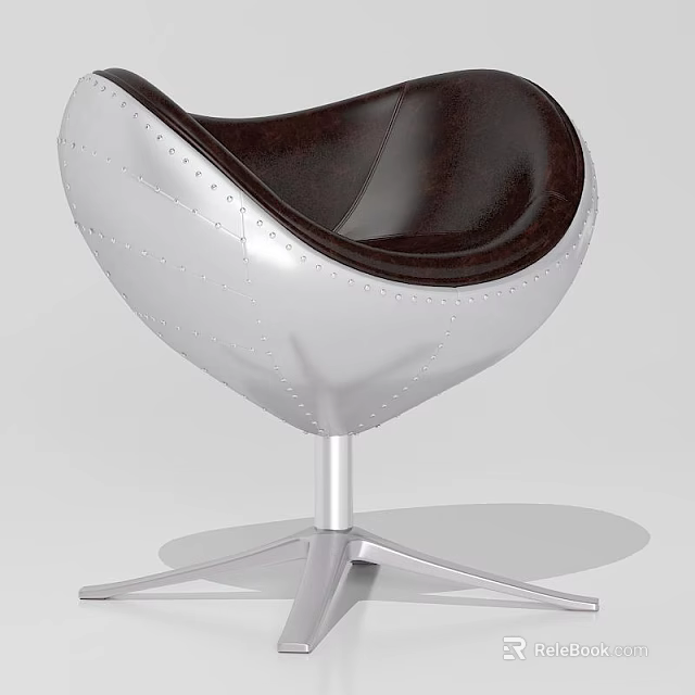 Modern Leisure Chair With Brown Leather Cushion And Silver Metal Swivel Base 3d model 