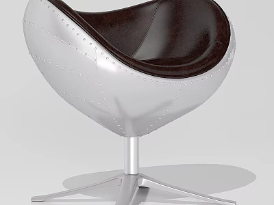 Modern Leisure Chair With Brown Leather Cushion And Silver Metal Swivel Base 3d model