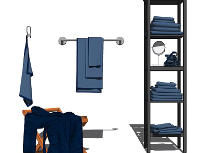 Soft Absorbent Blue Towels Hanging On Towel Rack And Folded On Shelf 3d model