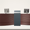 Modern Reception Desk With Brown Striped Design Blue Central Panel And Two Computer Monitors 3d model
