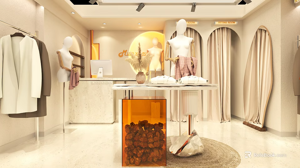 Elegant Clothing Store Interior With Mannequins Display Tables And Fashion Decor 3d model 