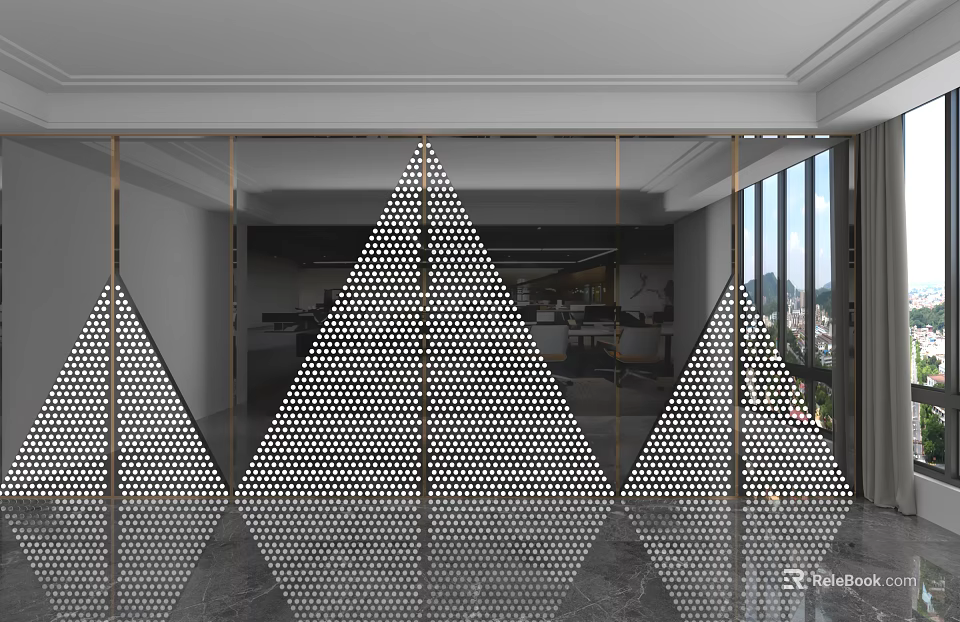 Modern Perforated Triangle Background Wall with Golden Frames in Stylish Interior Space and Marble Floor 3d model 