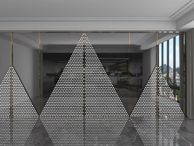 Modern Perforated Triangle Background Wall with Golden Frames in Stylish Interior Space and Marble Floor 3d model