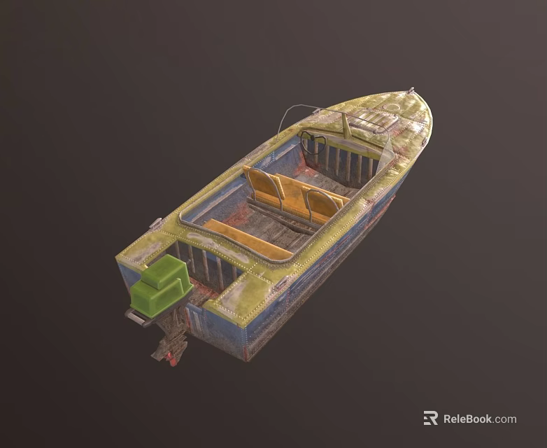 Worn out Green And Blue Boat With Orange Seats And Outboard Motor 3d model 