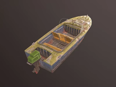 Worn out Green And Blue Boat With Orange Seats And Outboard Motor 3d model