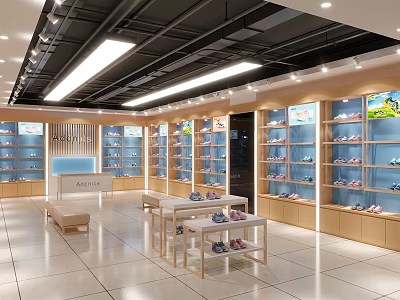 Modern Shoe Store Interior With Bright Lighting Shelves Displayed Shoes Counter And Benches 3d model