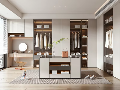 Modern Walk in Closet Interior With Hanging Clothes Cabinets Island Counter Mirror And Shoes 3d model