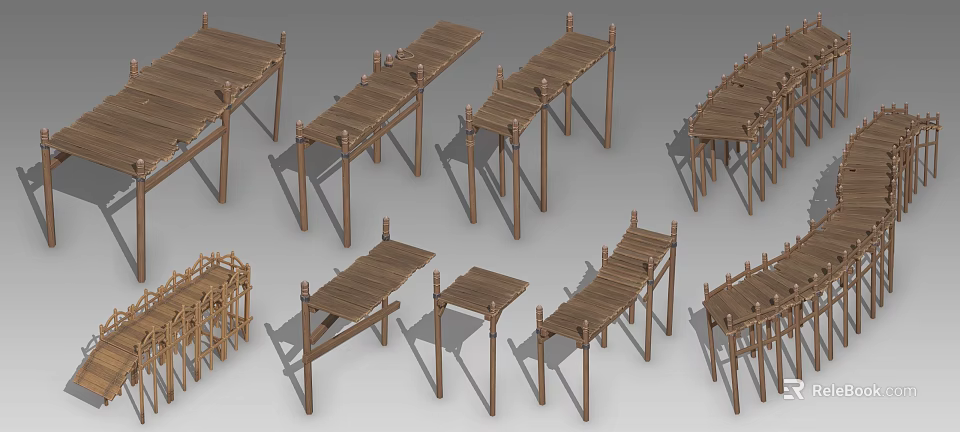 Wooden Bridges With Various Designs And Different Support Structures And Railings 3d model