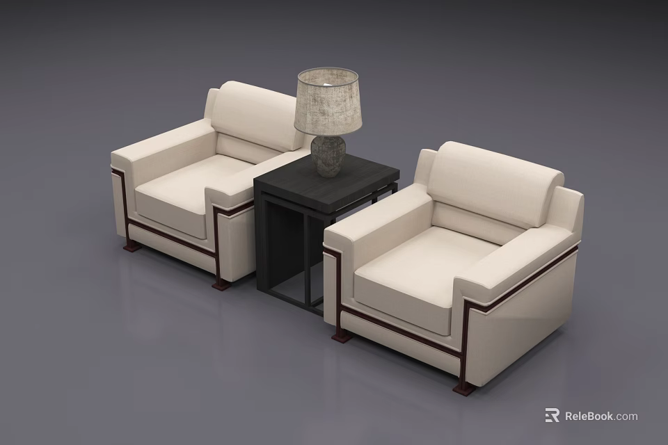 Light Colored Casual Sofa Set with Dark Trim Side Table and Table Lamp 3d model