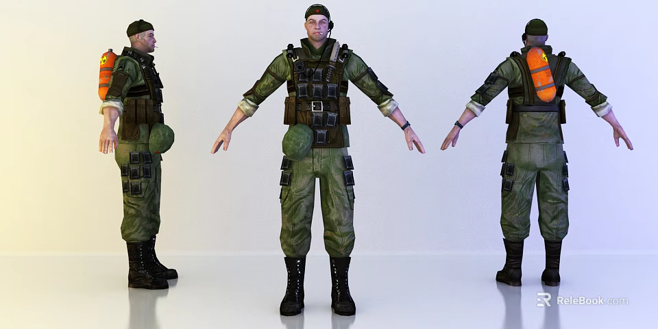Game Movie Military Character In Green Uniform With Tactical Vest Black Boots And Orange Backpack 3d model 