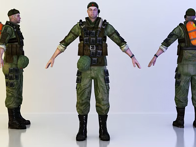 Game Movie Military Character In Green Uniform With Tactical Vest Black Boots And Orange Backpack 3d model