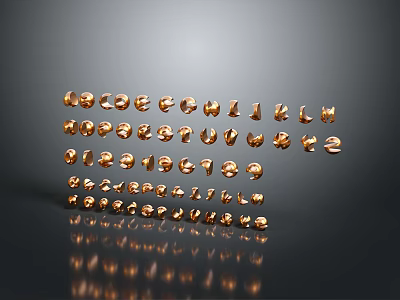 Golden 3D Letters And Numbers Arranged With Reflection On Dark Background 3d model
