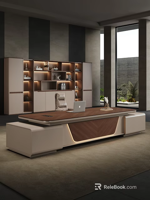 Modern Luxury Office Desk With Wooden Desktop White Chair LED Bookshelf Large Window And Greenery 3d model 