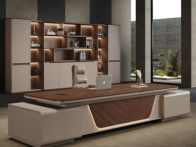 Modern Luxury Office Desk With Wooden Desktop White Chair LED Bookshelf Large Window And Greenery 3d model