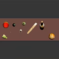 Red Tabletop Display With Canister Bottle Pear Orange Bread And Tennis Ball