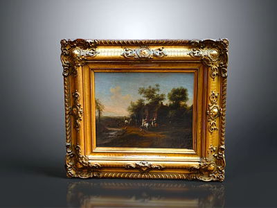 Oil Painting In Ornate Gold Carved Frame With Vintage Country Landscape Trees Cottage And Figures 3d model