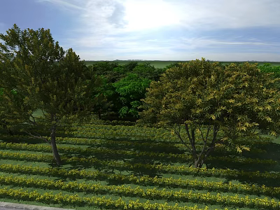 Picturesque Garden Landscape With Lush Trees Neat Flower Beds Green Grass And Sunny Blue Sky 3d model