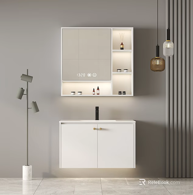Modern Minimalist Bathroom Vanity With White Mirror Cabinet Toiletries And Floor Lamp 3d model 