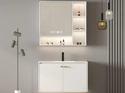 Modern Minimalist Bathroom Vanity With White Mirror Cabinet Toiletries And Floor Lamp 3d model