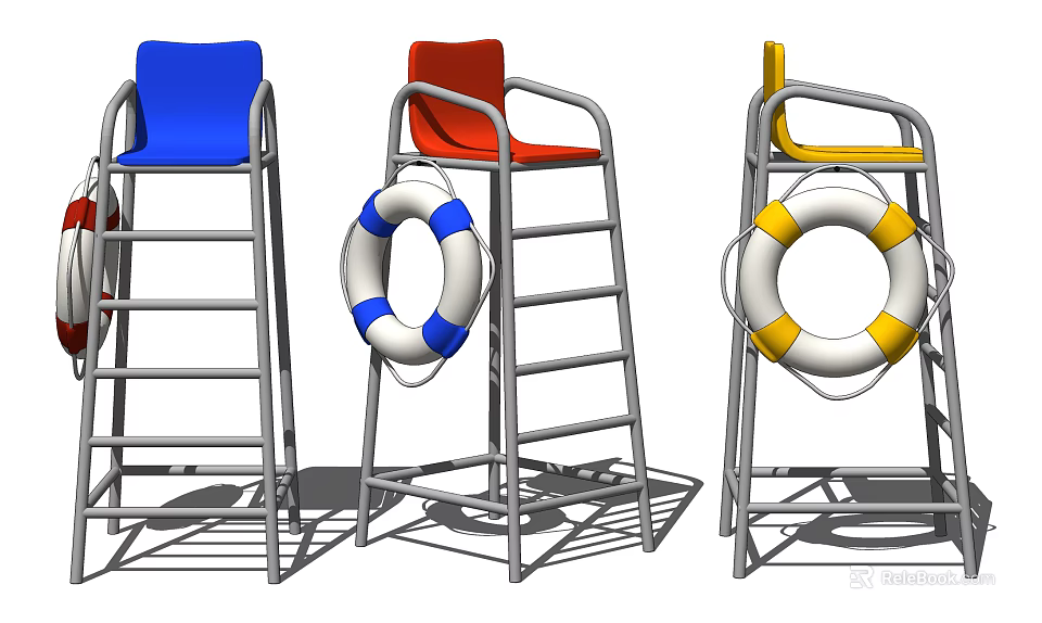 Blue Red Yellow Lifeguard Chairs With Metal Frames And Life Rings 3d model 