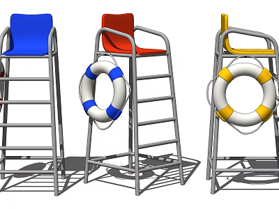 Blue Red Yellow Lifeguard Chairs With Metal Frames And Life Rings 3d model