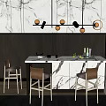 Modern Marble Dining Table Set with White Chairs and Black Panel Wall Pendant Lights