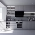 Modern Kitchen With White Wooden Cabinets Marble Backsplash Window Oven And Refrigerator