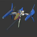 Detailed Blue White Sci Fi Model Aircraft Featuring Green Accents And Long Weapon